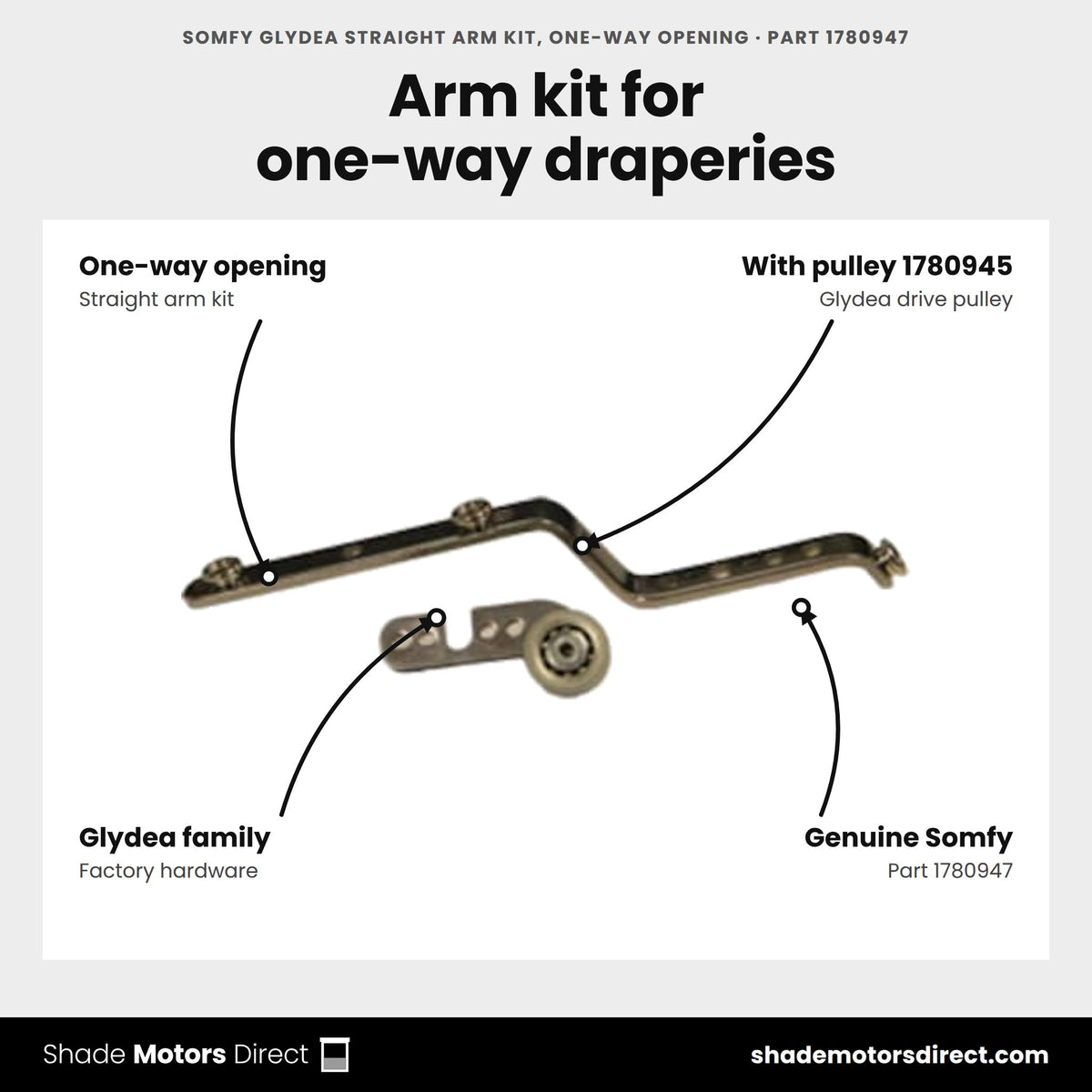 Somfy Glydea Straight Arm Kit, One-Way Opening, part 1780947, features: straight arm kit for one-way opening Glydea draperies, used with drive pulley 1780945