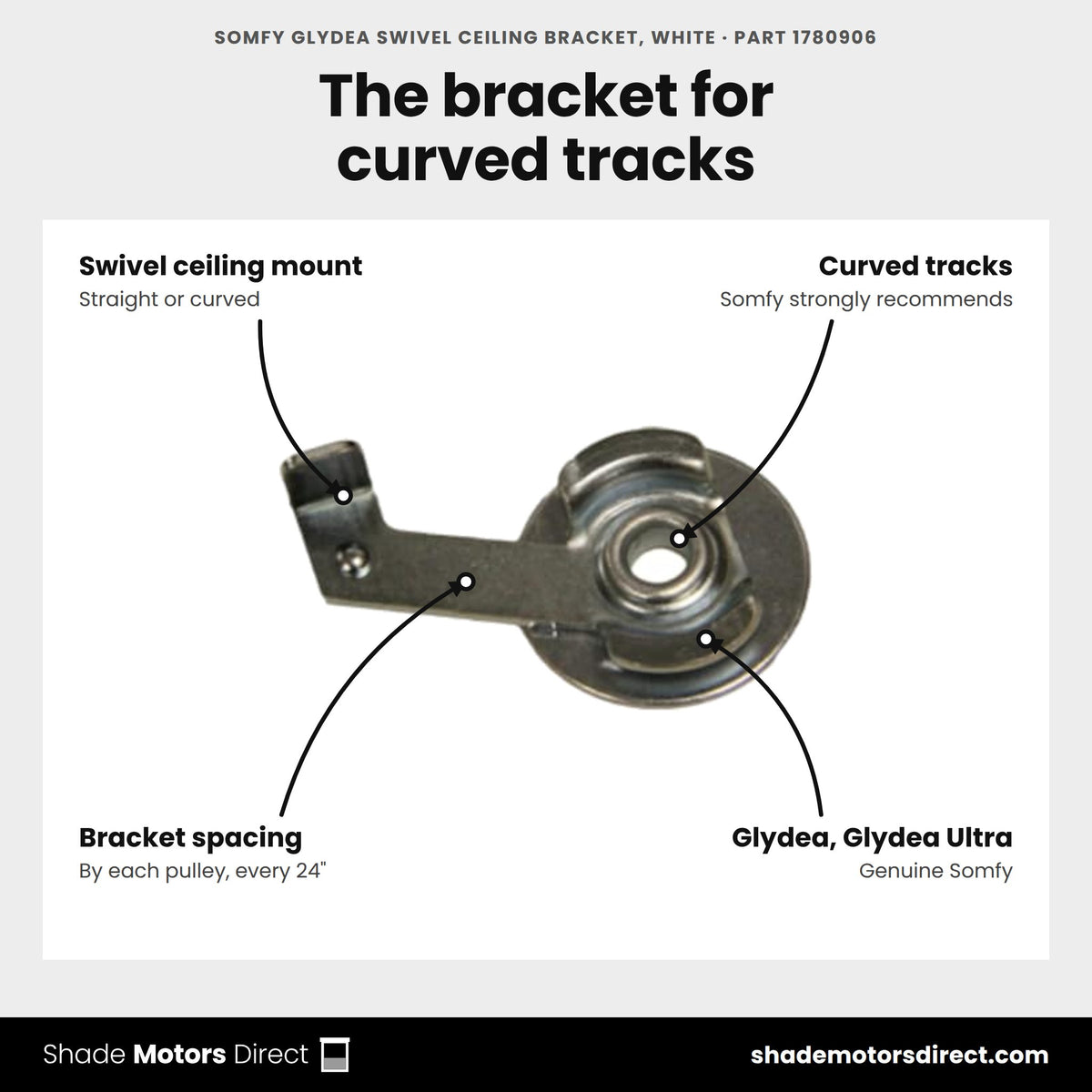 Somfy Glydea Swivel Ceiling Bracket, White, part 1780906, features: swivel ceiling bracket for straight or curved Glydea and Glydea Ultra track, strongly recommended by Somfy for curved tracks, white