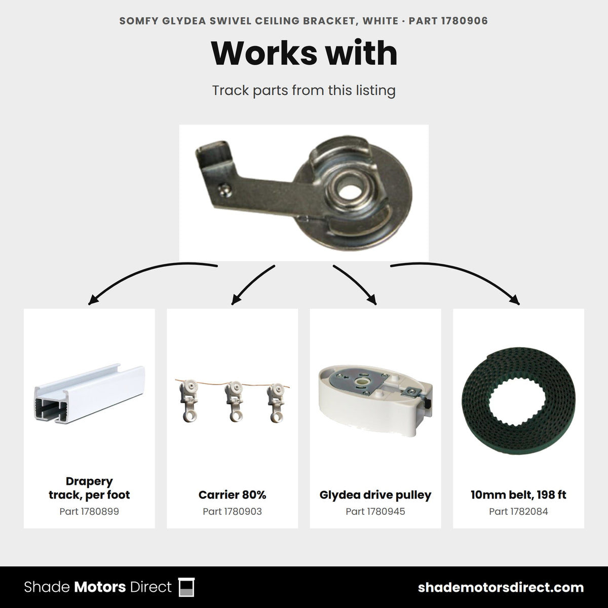 Parts that work with the Somfy Glydea swivel ceiling bracket 1780906: Drapery track, per foot 1780899, Carrier 80% 1780903, Glydea drive pulley 1780945, 10mm belt, 198 ft 1782084