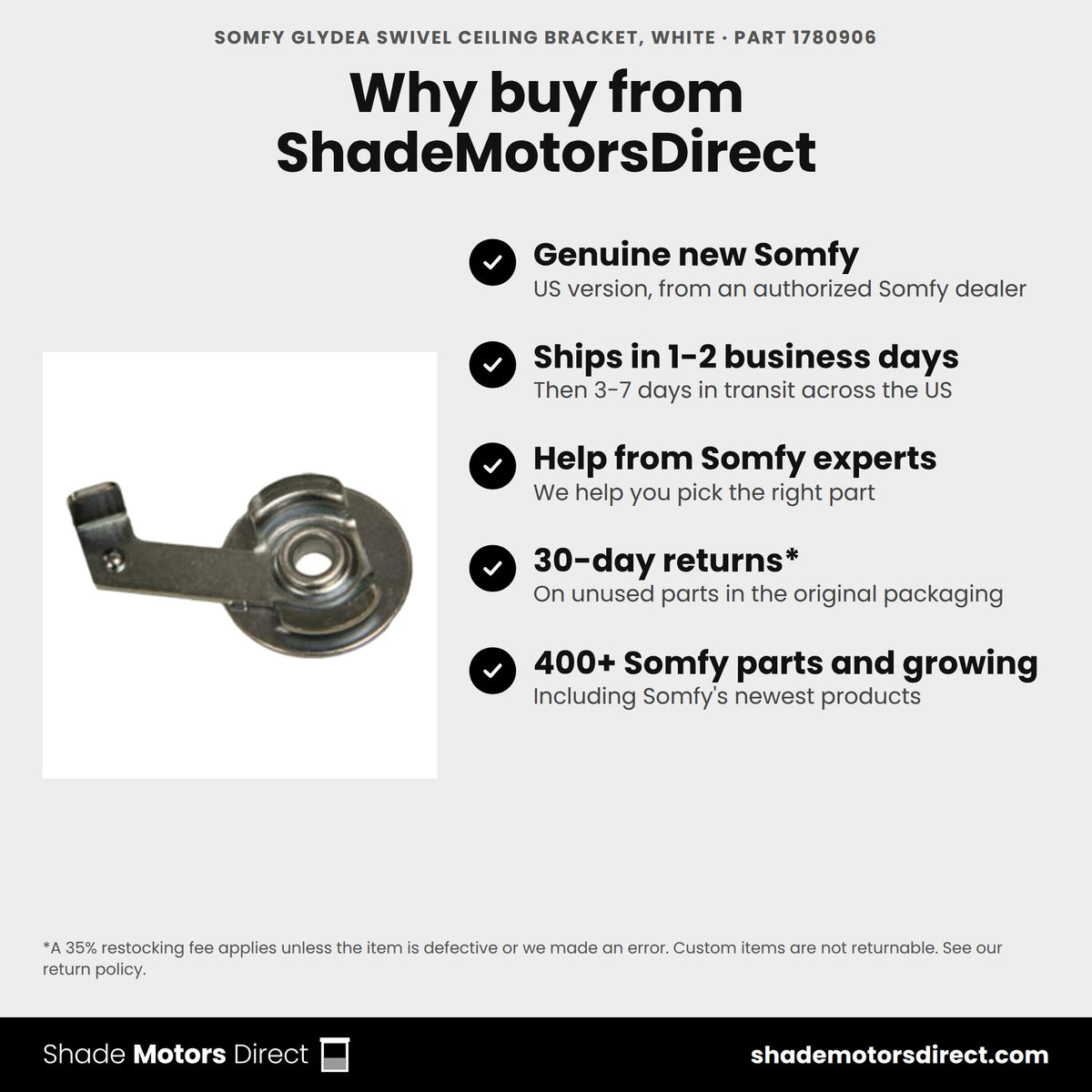 Buy the Somfy Glydea Swivel Ceiling Bracket, White, part 1780906, genuine new, from ShadeMotorsDirect