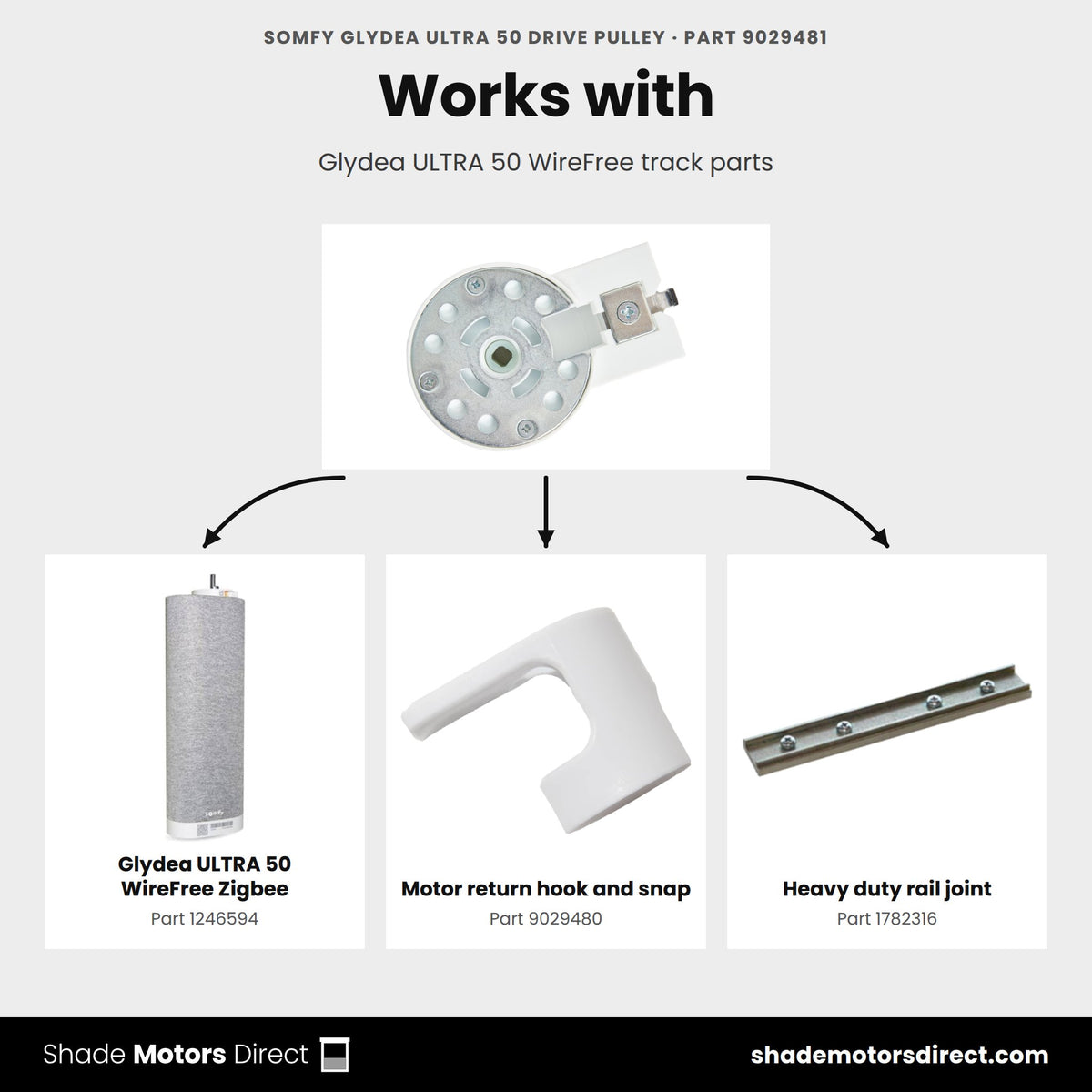 Parts that work with the Somfy Glydea ULTRA 50 drive pulley 9029481: Glydea ULTRA 50 WireFree Zigbee 1246594, Motor return hook and snap 9029480, Heavy duty rail joint 1782316