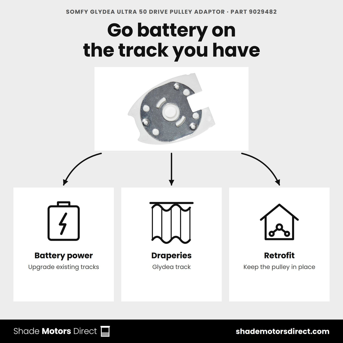 Somfy Glydea ULTRA 50 drive pulley adaptor 9029482 uses: upgrading an existing Glydea drapery track to battery power without replacing the drive pulley