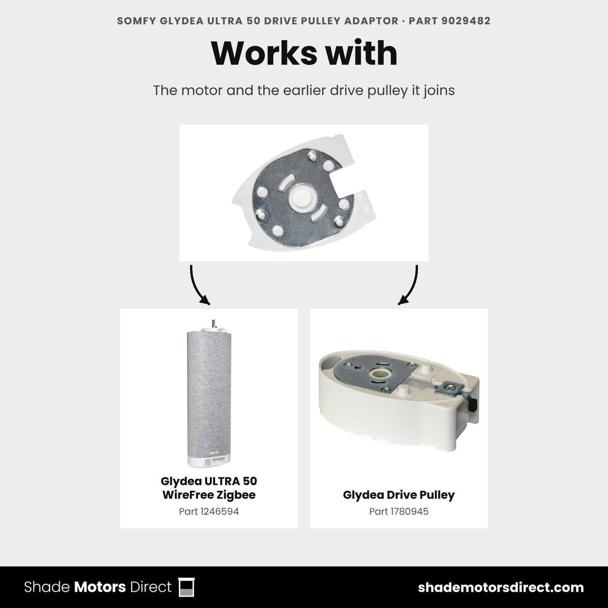 Parts that work with the Somfy Glydea ULTRA 50 drive pulley adaptor 9029482: Glydea ULTRA 50 WireFree Zigbee 1246594, Glydea Drive Pulley 1780945