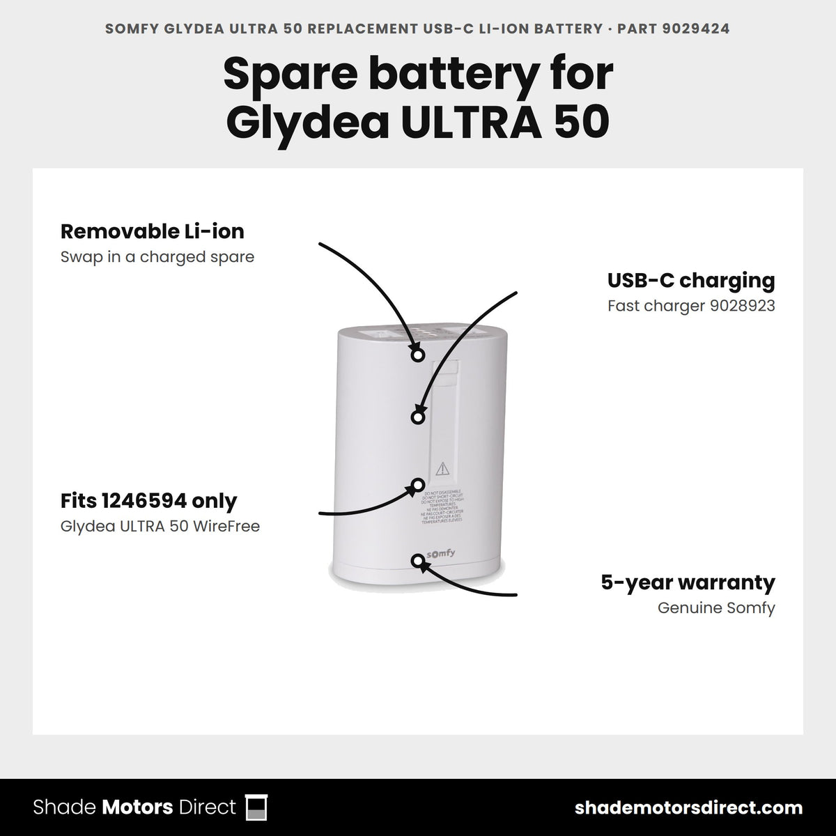 Somfy Glydea ULTRA 50 Replacement USB-C Li-ion Battery, part 9029424, features: removable rechargeable lithium-ion battery with USB-C charging, fits Glydea ULTRA 50 WireFree Zigbee 1246594 only, 5-year warranty