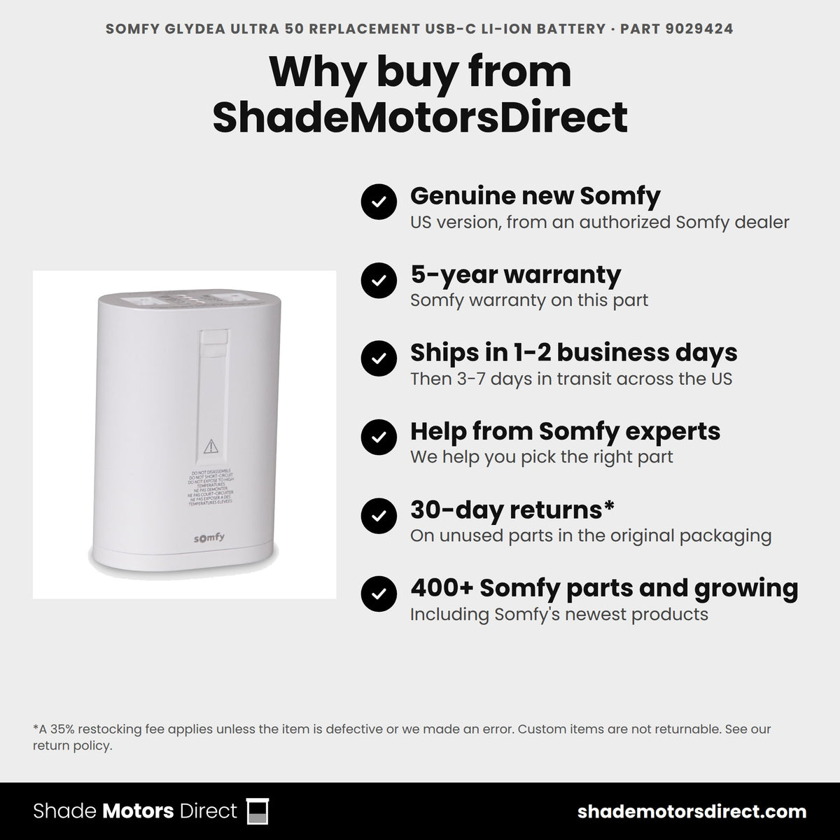 Buy the Somfy Glydea ULTRA 50 Replacement USB-C Li-ion Battery, part 9029424, genuine new with 5-year warranty, from ShadeMotorsDirect