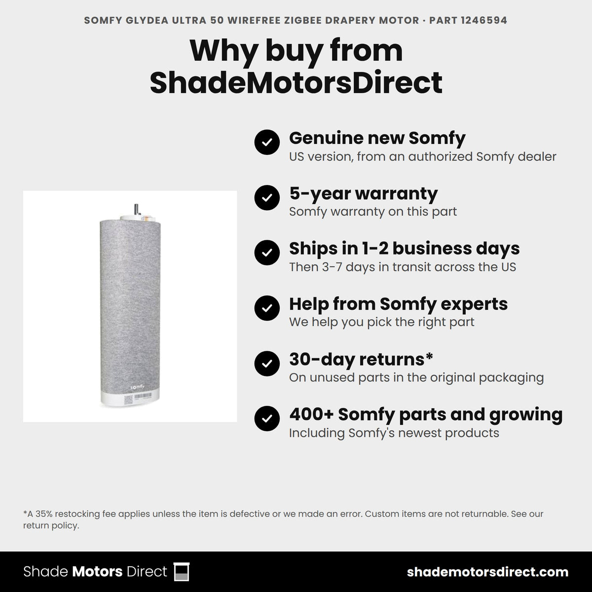 Buy the Somfy Glydea ULTRA 50 WireFree Zigbee Drapery Motor, part 1246594, genuine new with 5-year warranty, from ShadeMotorsDirect