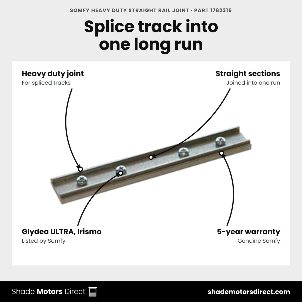 Somfy Heavy Duty Straight Rail Joint, part 1782316, features: heavy duty rail joint for spliced tracks, joins straight Somfy drapery track sections, Glydea ULTRA and Irismo, 5-year warranty