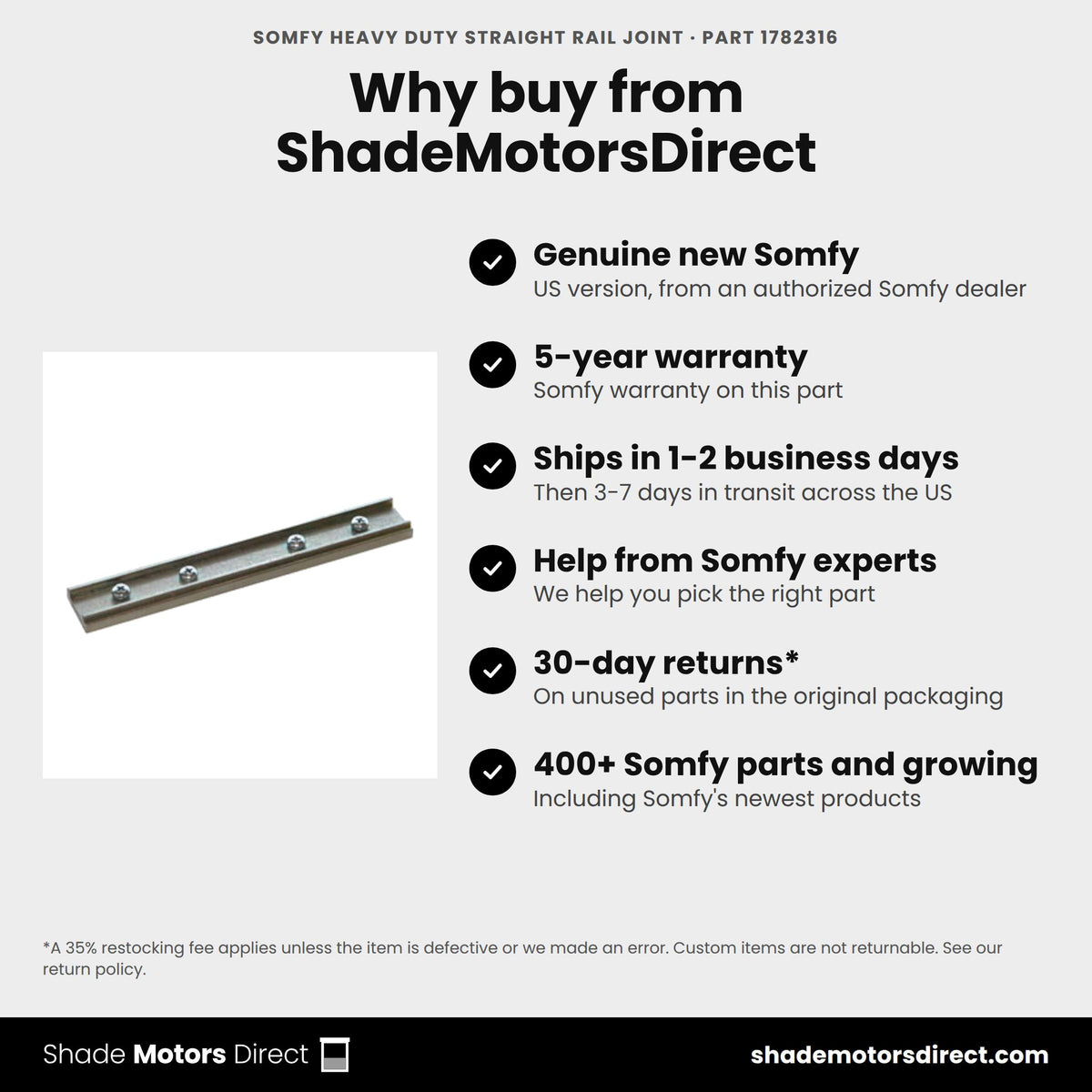 Buy the Somfy Heavy Duty Straight Rail Joint, part 1782316, genuine new with 5-year warranty, from ShadeMotorsDirect
