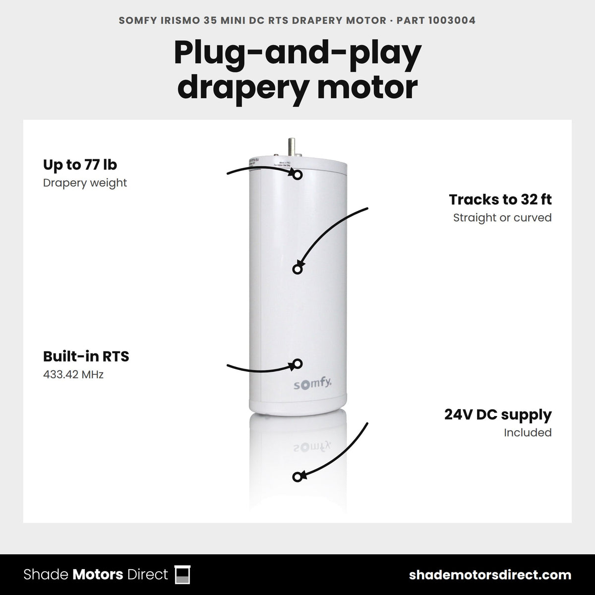 Somfy Irismo 35 Mini DC RTS Drapery Motor, part 1003004, features: built-in RTS drapery motor for up to 77 lb on straight or curved tracks up to 32 ft with a 24V DC supply included