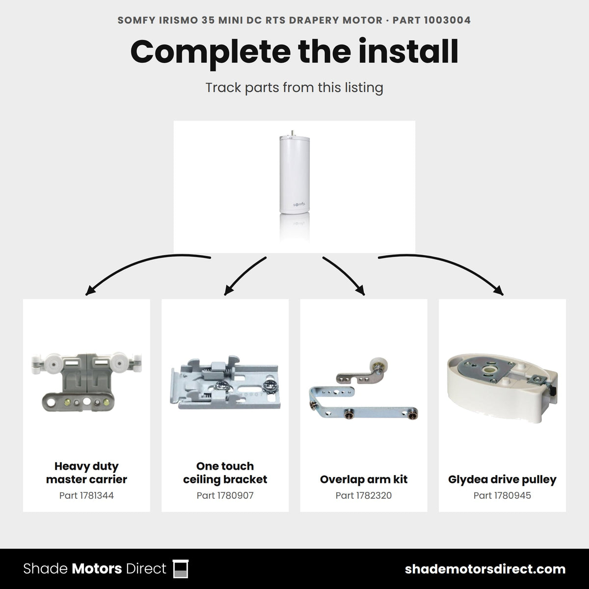 Parts that work with the Somfy Irismo 35 Mini DC RTS drapery motor 1003004: Heavy duty master carrier 1781344, One touch ceiling bracket 1780907, Overlap arm kit 1782320, Glydea drive pulley 1780945