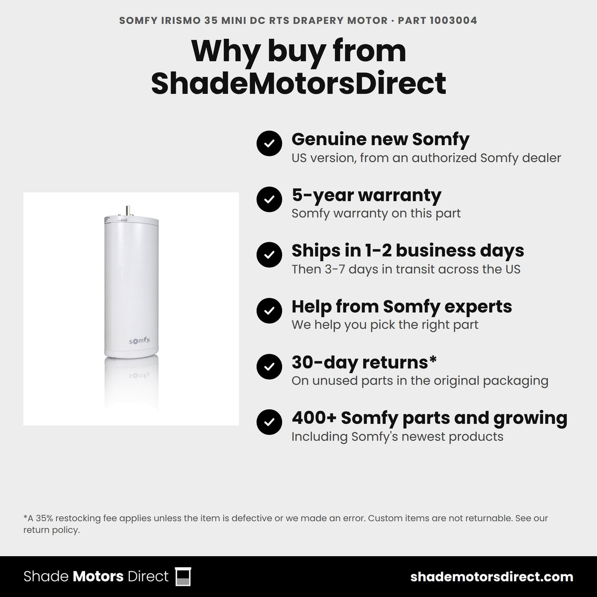 Buy the Somfy Irismo 35 Mini DC RTS Drapery Motor, part 1003004, genuine new with 5-year warranty, from ShadeMotorsDirect