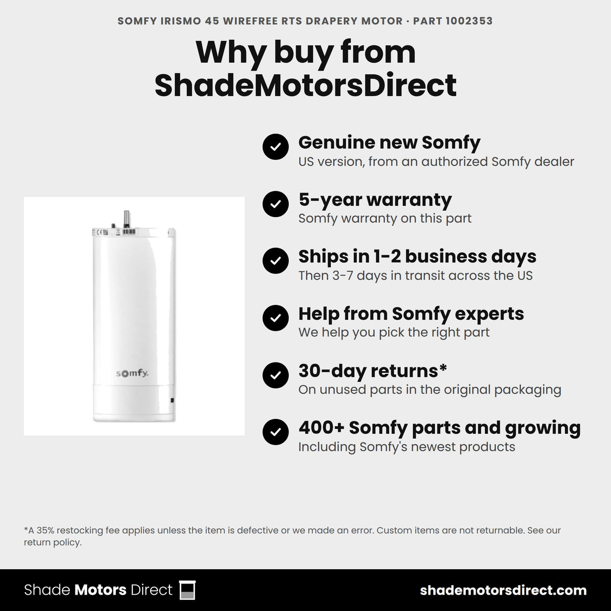 Buy the Somfy Irismo 45 WireFree RTS Drapery Motor, part 1002353, genuine new with 5-year warranty, from ShadeMotorsDirect