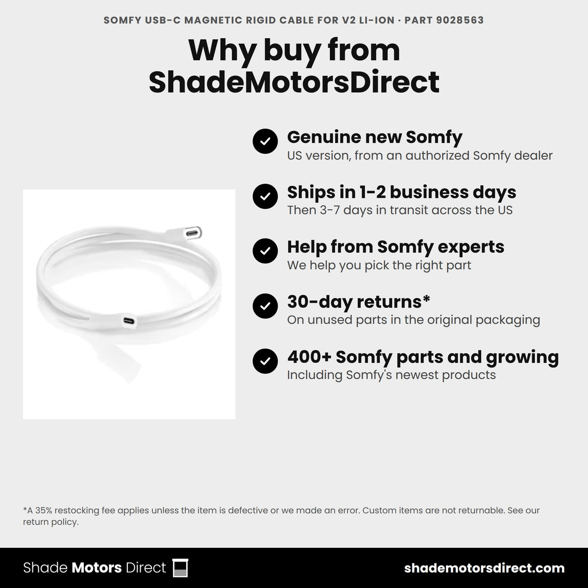 Buy the Somfy USB-C Magnetic Rigid Cable for V2 Li-ion, part 9028563, genuine new, from ShadeMotorsDirect