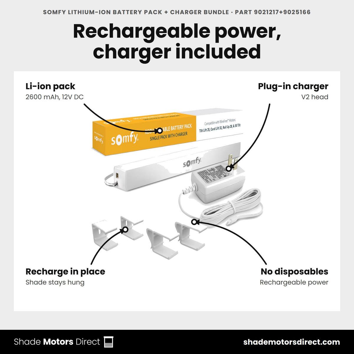 Somfy Lithium-ion Battery Pack + Charger Bundle, part 9021217+9025166, features: 12V DC 2600 mAh Li-ion battery pack 9021217 with plug-in charger 9025166, recharge in place