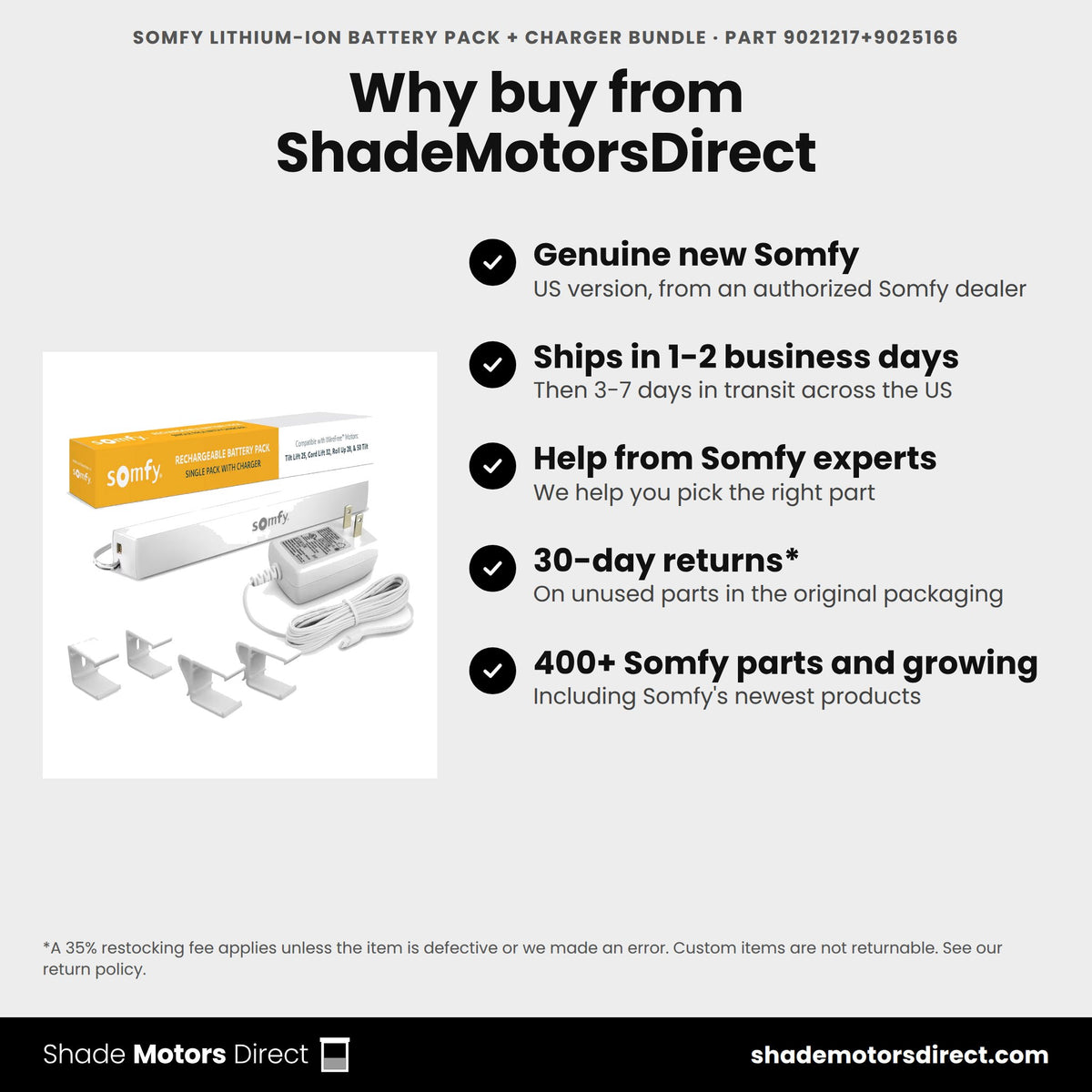 Buy the Somfy Lithium-ion Battery Pack + Charger Bundle, part 9021217+9025166, genuine new, from ShadeMotorsDirect