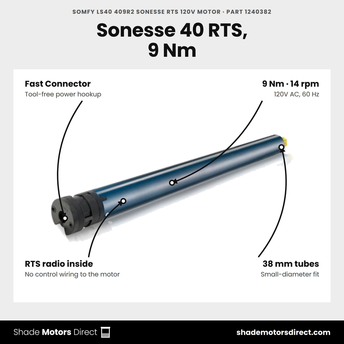 Somfy LS40 409R2 Sonesse RTS 120V Motor, part 1240382, features: 9 Nm, 14 rpm, built-in RTS radio, Fast Connector, fits 38 mm tubes