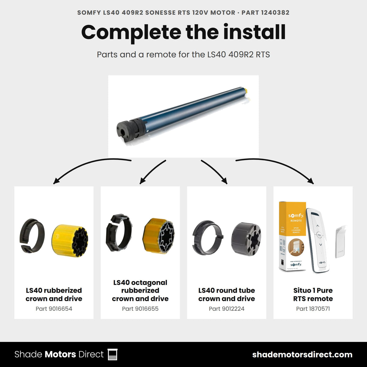 Parts that work with the Somfy LS40 409R2 Sonesse RTS motor 1240382: LS40 rubberized crown and drive 9016654, LS40 octagonal rubberized crown and drive 9016655, LS40 round tube crown and drive 9012224, Situo 1 Pure RTS remote 1870571