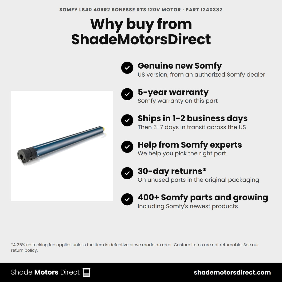 Buy the Somfy LS40 409R2 Sonesse RTS 120V Motor, part 1240382, genuine new with 5-year warranty, from ShadeMotorsDirect