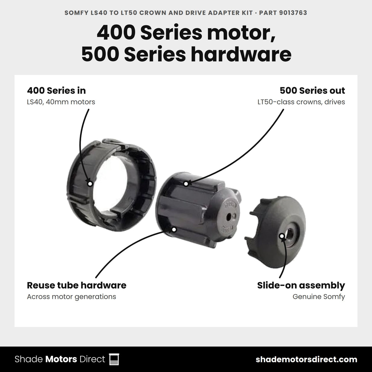 Somfy LS40 to LT50 Crown and Drive Adapter kit, part 9013763, features: adapts 400 Series LS40 40mm motors to 500 Series LT50-class crown and drive hardware, slide-on assembly