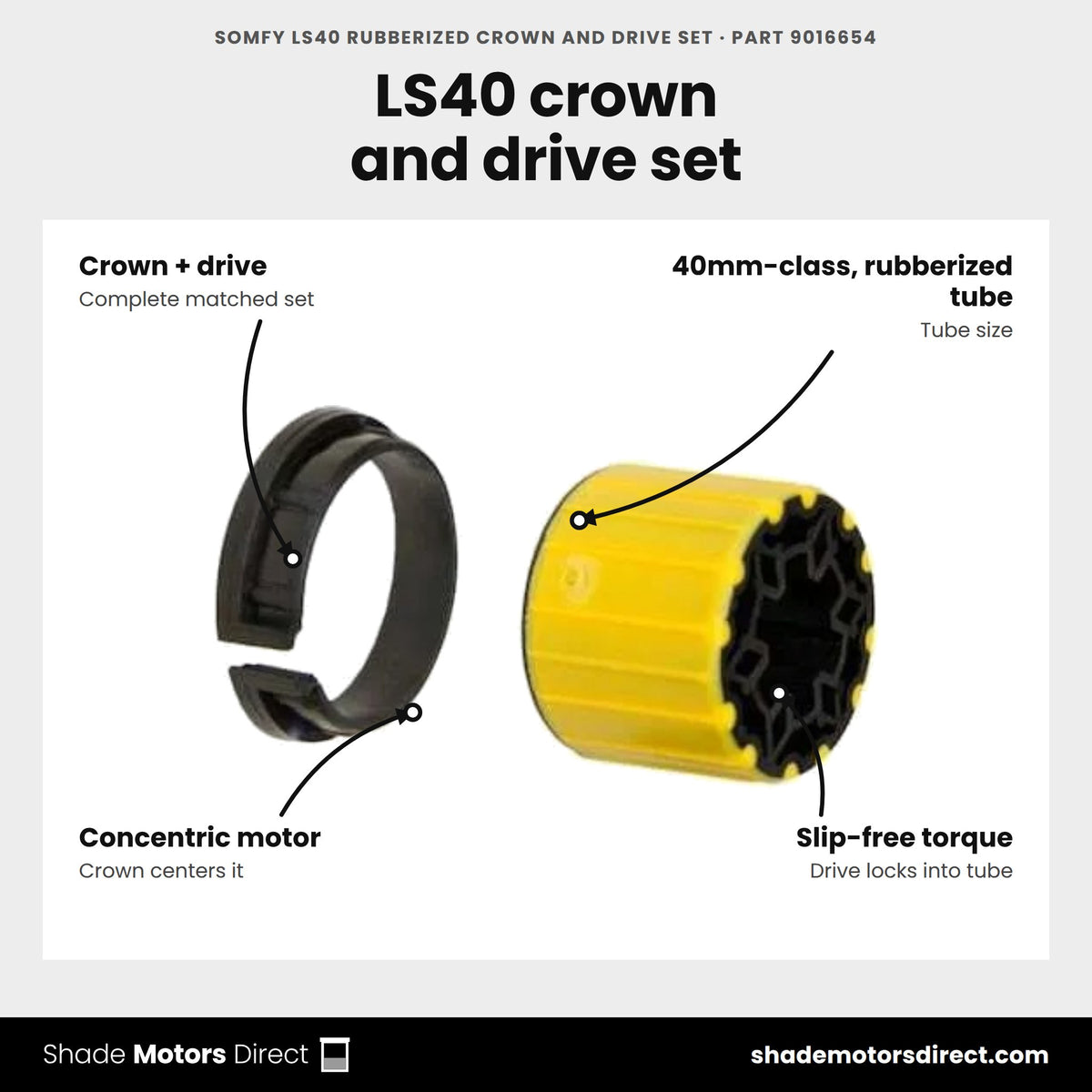 Somfy LS40 Rubberized Crown and Drive Set, part 9016654, features: crown and drive wheel set for 40mm-class, rubberized tube, keeps the motor concentric with slip-free torque, for LS40 and Sonesse 40 motors