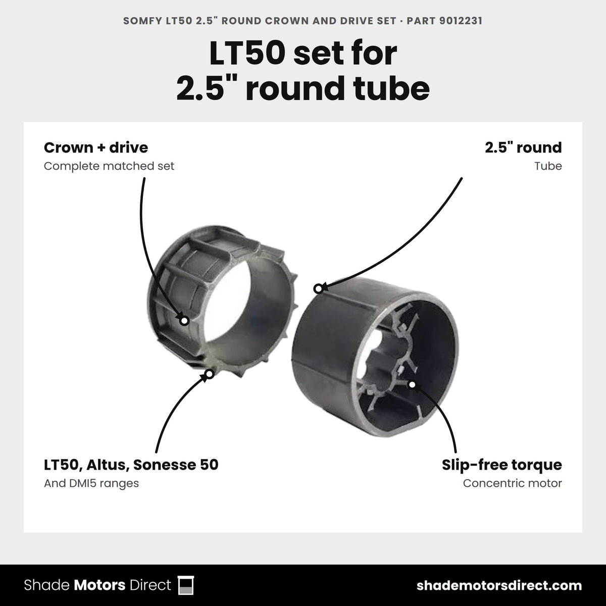 Somfy LT50 2.5" Round Crown and Drive Set, part 9012231, features: crown and drive wheel set for 2.5" round tube, concentric motor, slip-free torque, LT50 / 500 Series motors