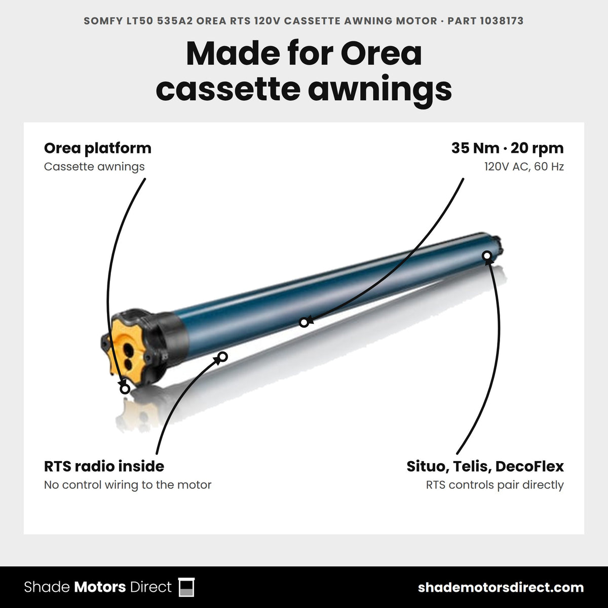 Somfy LT50 535A2 Orea RTS 120V Cassette Awning Motor, part 1038173, features: 35 Nm, 20 rpm, built-in RTS radio, made for the Orea cassette awning platform
