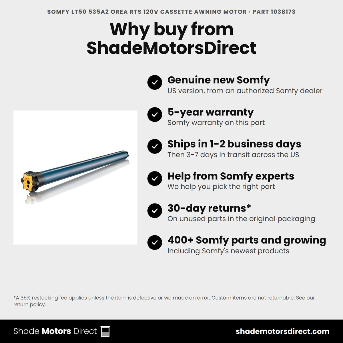 Buy the Somfy LT50 535A2 Orea RTS 120V Cassette Awning Motor, part 1038173, genuine new with 5-year warranty, from ShadeMotorsDirect
