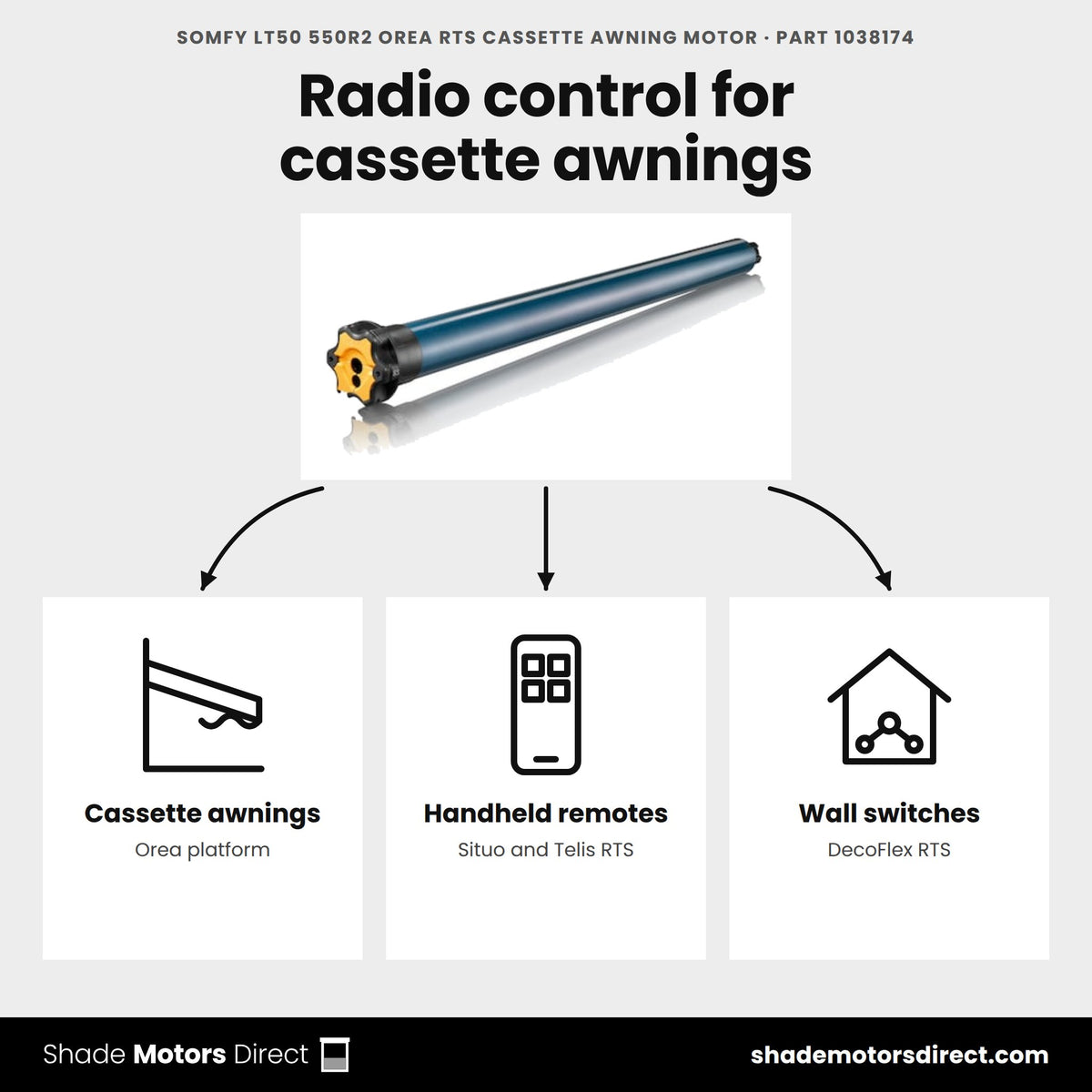 Somfy LT50 550R2 Orea RTS motor 1038174 uses: Orea cassette awnings, Situo and Telis remotes, DecoFlex RTS switches