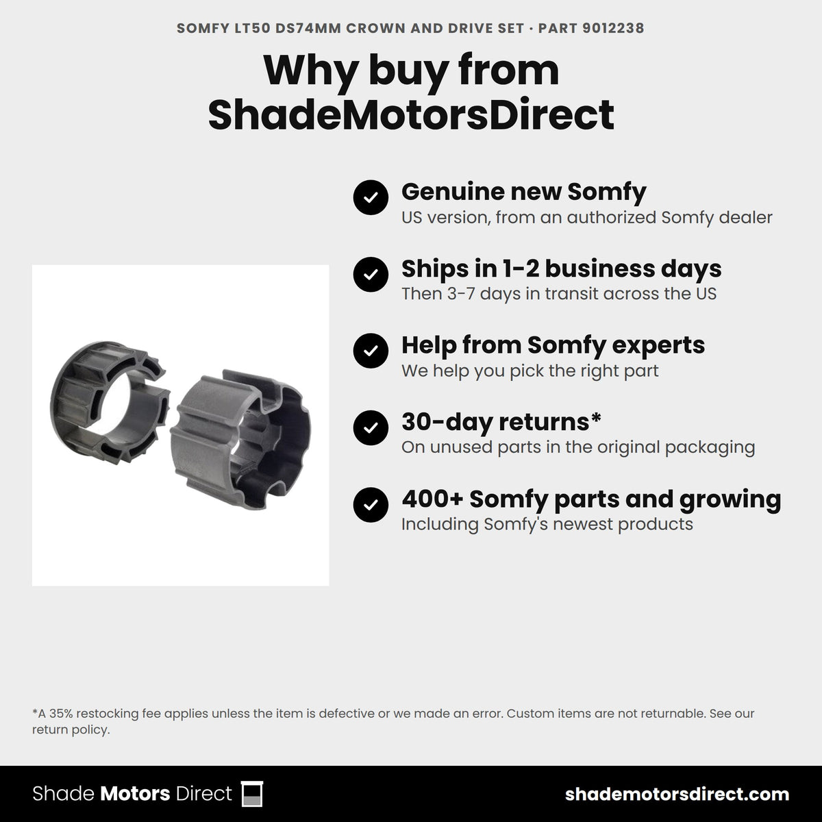 Buy the Somfy LT50 DS74mm Crown and Drive Set, part 9012238, genuine new, from ShadeMotorsDirect