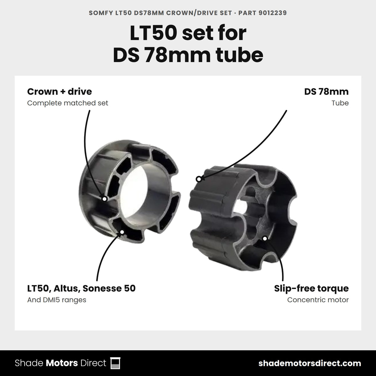 Somfy LT50 DS78MM Crown/Drive Set, part 9012239, features: crown and drive wheel set for DS 78mm tube, concentric motor, slip-free torque, LT50 / 500 Series motors