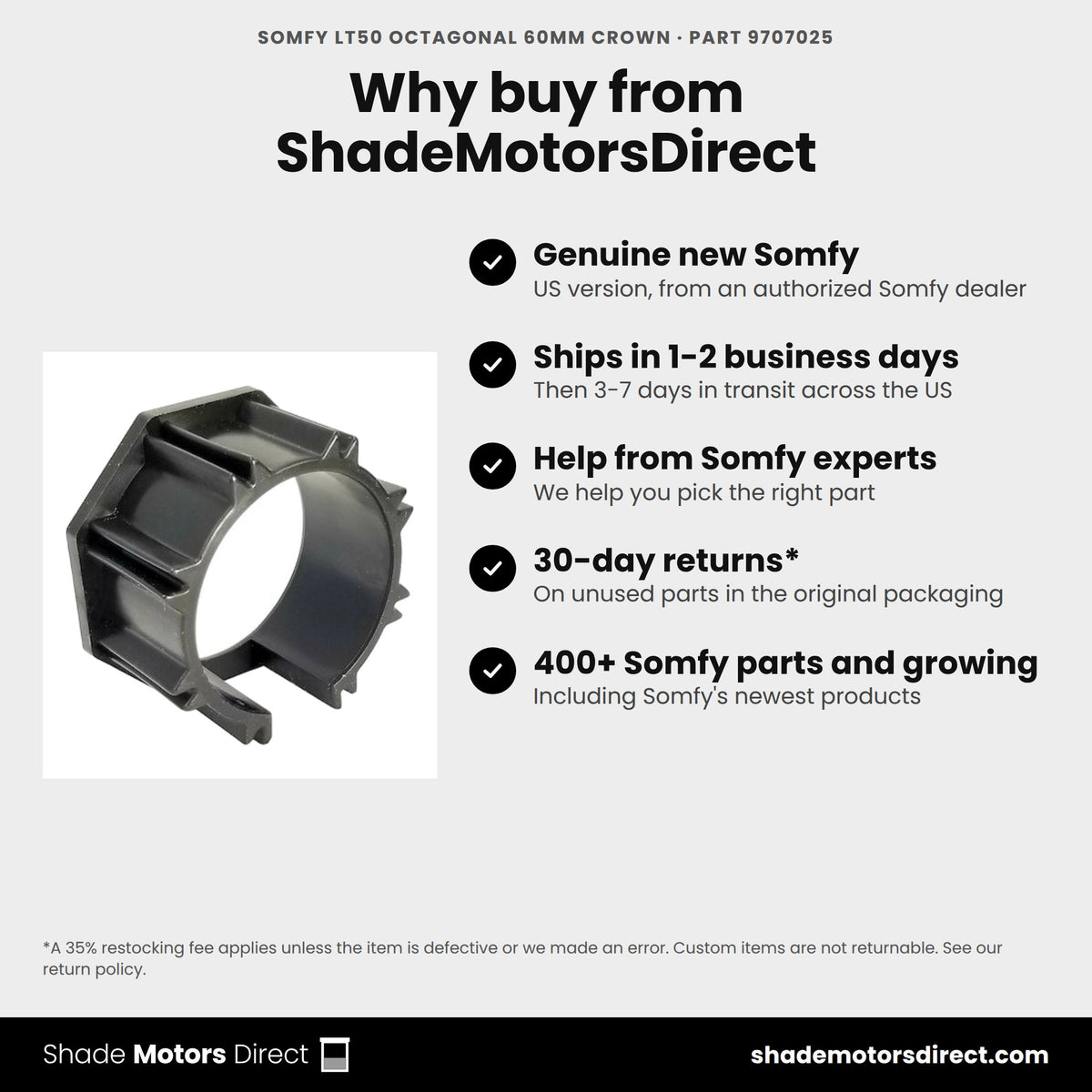 Buy the Somfy LT50 Octagonal 60MM Crown, part 9707025, genuine new, from ShadeMotorsDirect