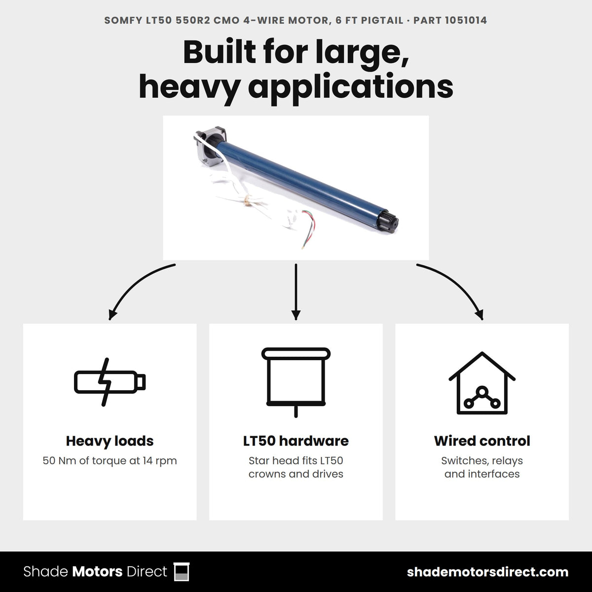 Somfy LT50 550R2 CMO 4-Wire Motor, 6 ft Pigtail 1051014 uses: large, heavy applications with LT50 crowns and drives, wired switch and relay control