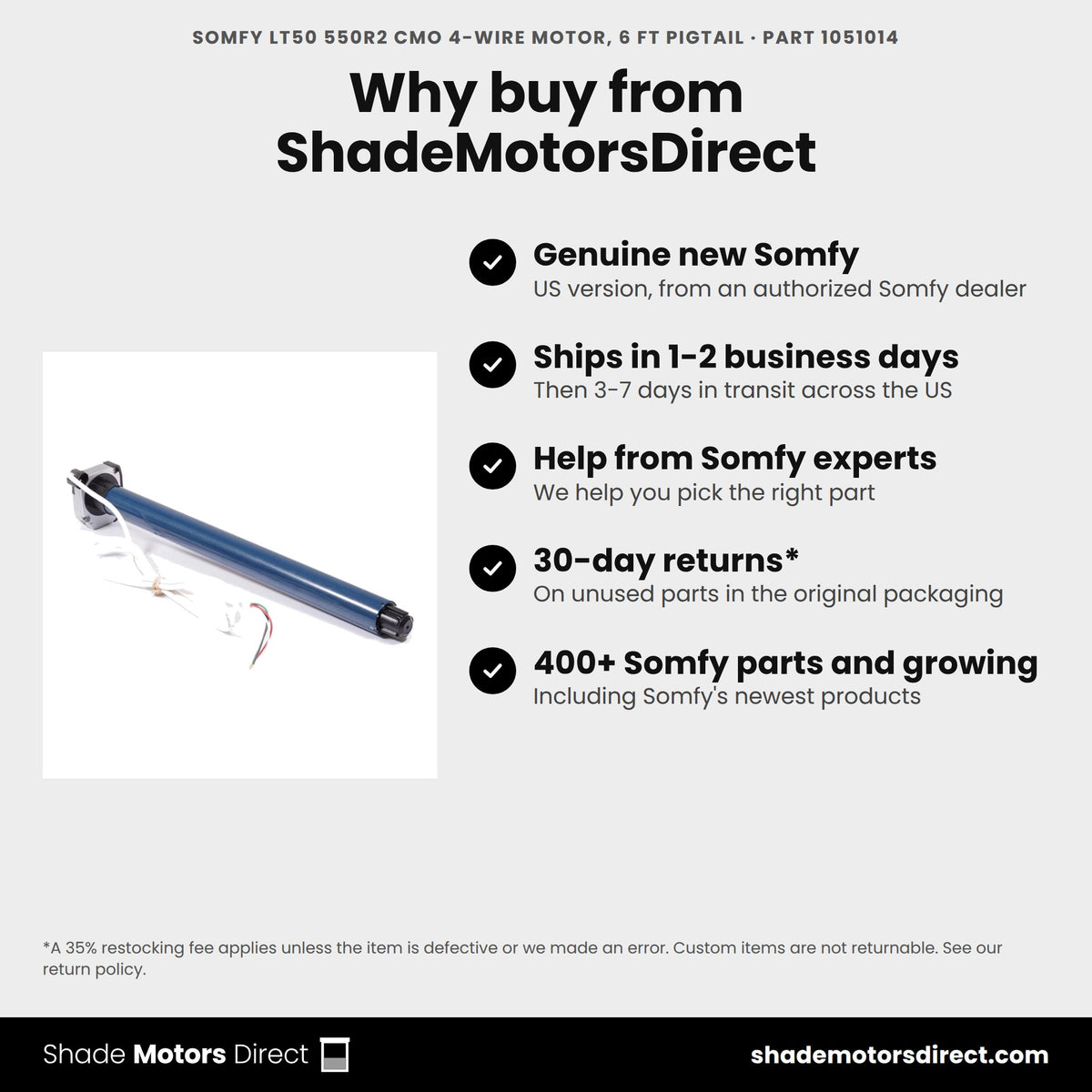 Buy the Somfy LT50 550R2 CMO 4-Wire Motor, 6 ft Pigtail, part 1051014, genuine new, from ShadeMotorsDirect