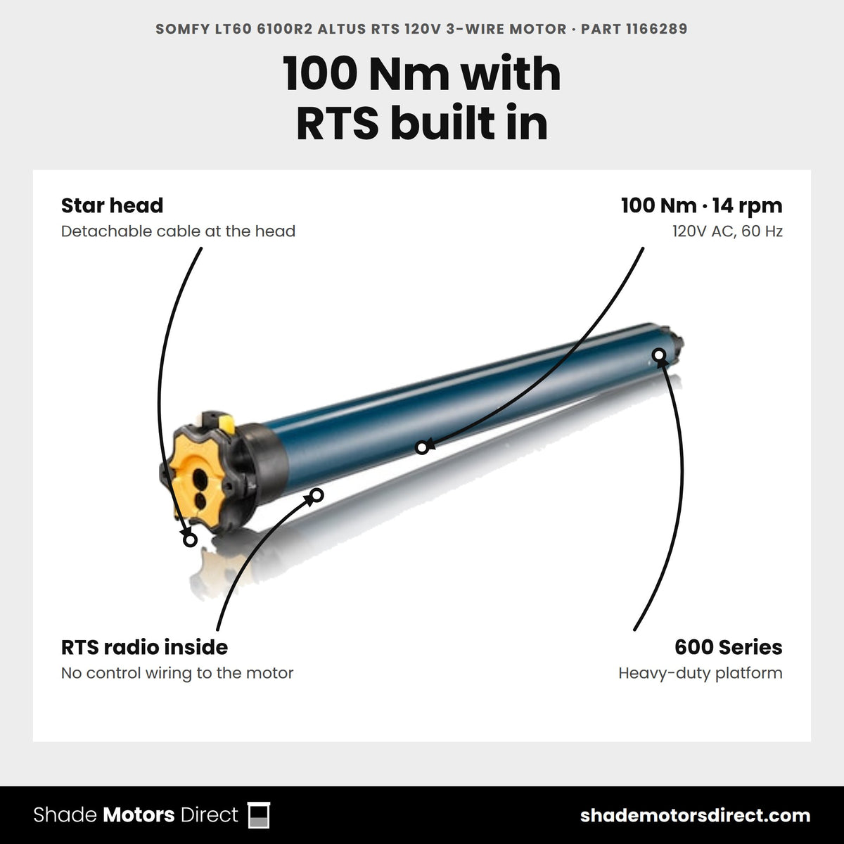 Somfy LT60 6100R2 Altus RTS 120V 3-wire motor, part 1166289, features: 100 Nm, 14 rpm, star head, built-in RTS radio, 600 Series