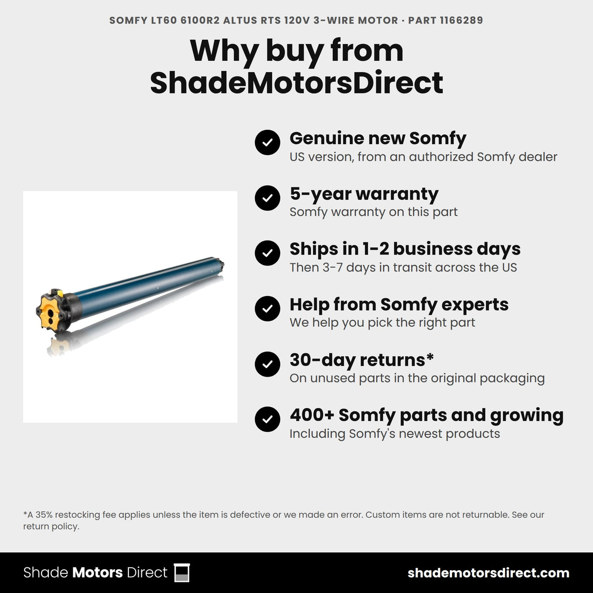 Buy the Somfy LT60 6100R2 Altus RTS 120V 3-Wire Motor, part 1166289, genuine new with 5-year warranty, from ShadeMotorsDirect