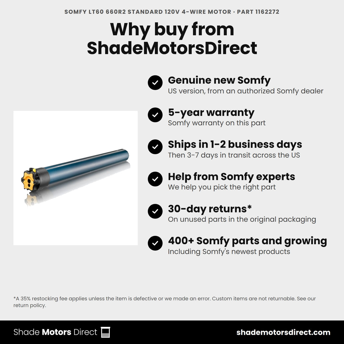 Buy the Somfy LT60 660R2 Standard 120V 4-Wire Motor, part 1162272, genuine new with 5-year warranty, from ShadeMotorsDirect