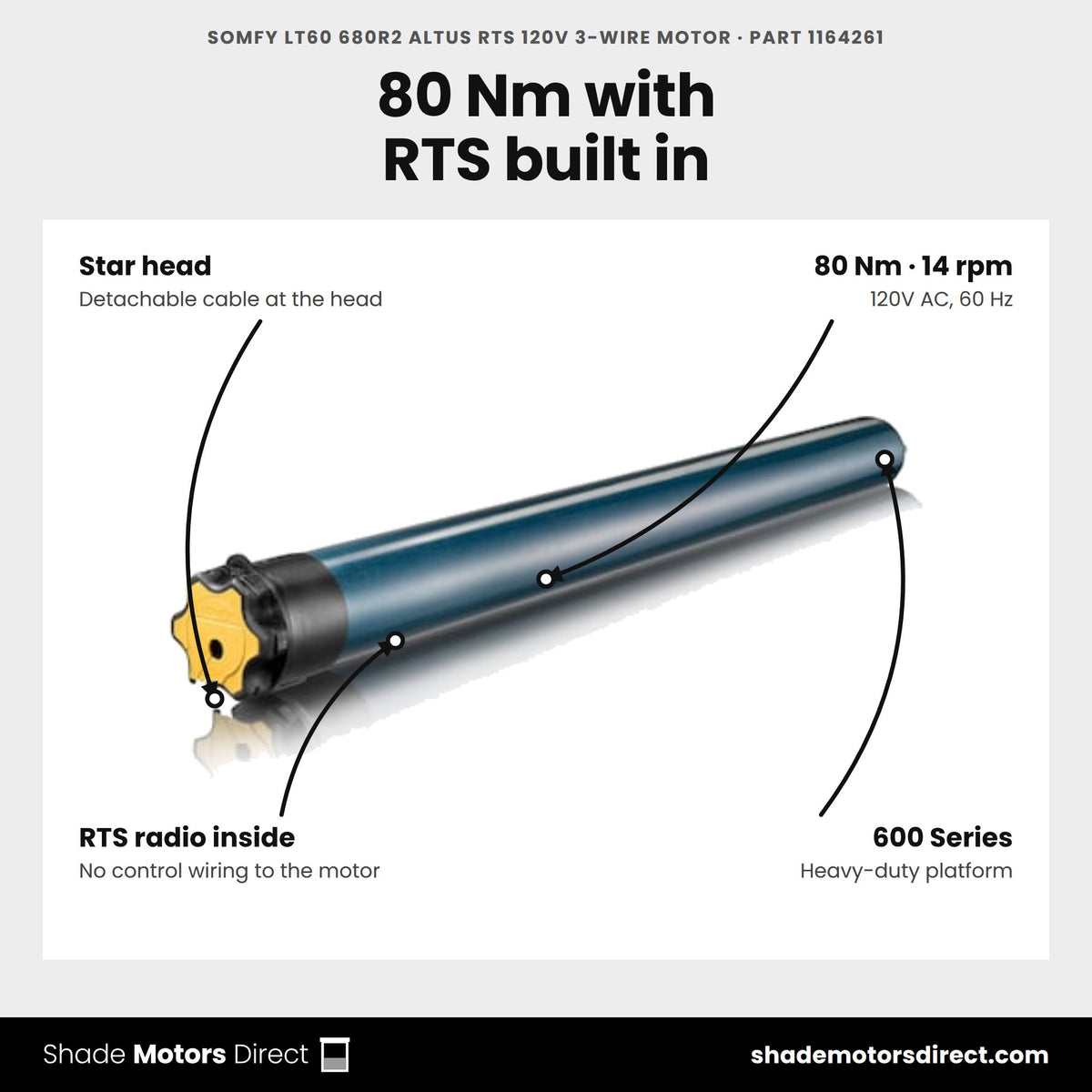 Somfy LT60 680R2 Altus RTS 120V 3-wire motor, part 1164261, features: 80 Nm, 14 rpm, star head, built-in RTS radio, 600 Series