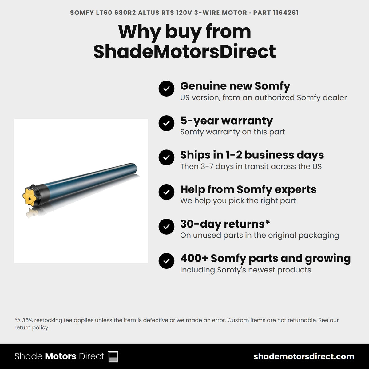 Buy the Somfy LT60 680R2 Altus RTS 120V 3-Wire Motor, part 1164261, genuine new with 5-year warranty, from ShadeMotorsDirect
