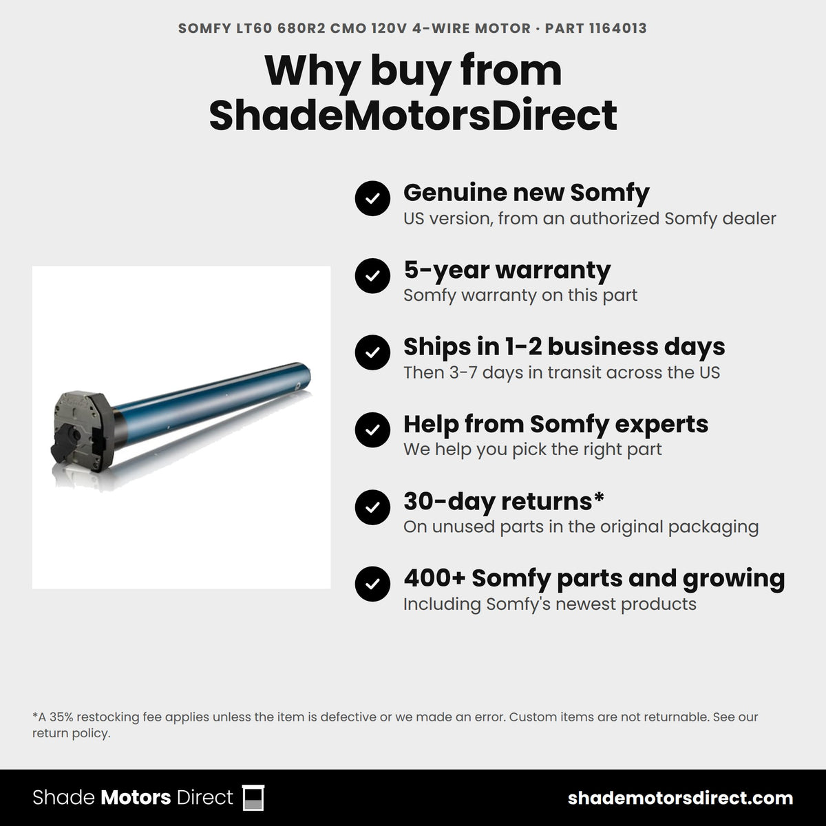 Buy the Somfy LT60 680R2 CMO 120V 4-Wire Motor, part 1164013, genuine new with 5-year warranty, from ShadeMotorsDirect