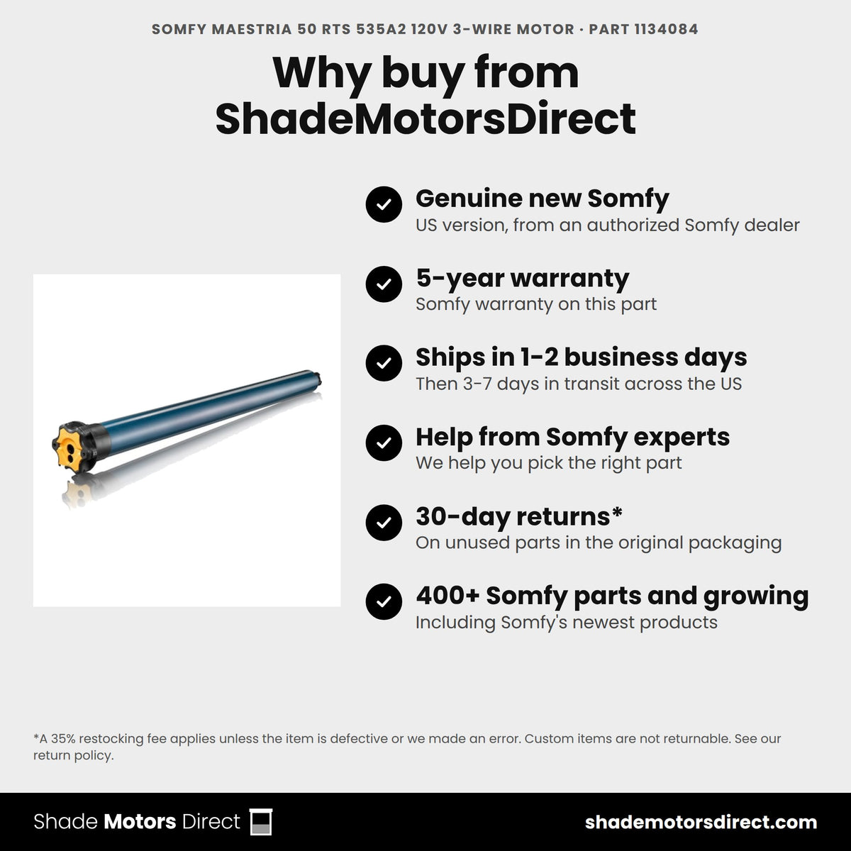 Buy the Somfy Maestria 50 RTS 535A2 120V 3-Wire Motor, part 1134084, genuine new with 5-year warranty, from ShadeMotorsDirect