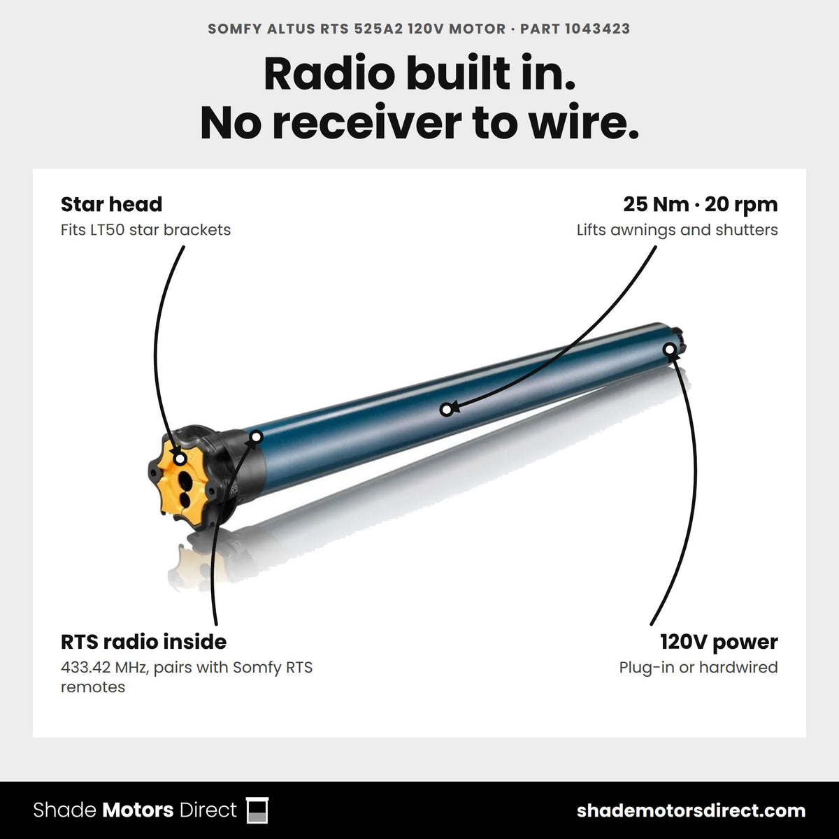 Somfy Altus RTS 525A2 120V motor, part 1043423, features: star head, 25 Nm, 20 rpm, built-in RTS radio, plug-in or hardwired