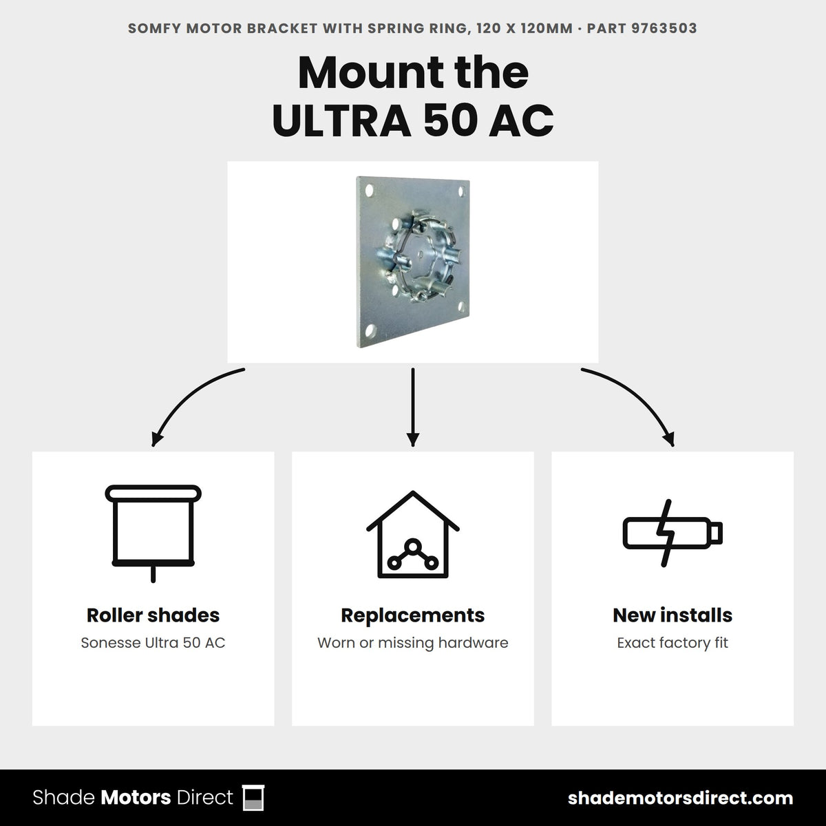 Somfy motor bracket with spring ring 120 mm 9763503 uses: Sonesse Ultra 50 AC roller shade installs and replacement hardware