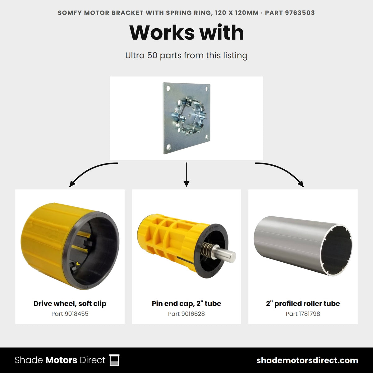 Parts that work with the Somfy motor bracket with spring ring 120 mm 9763503: Drive wheel, soft clip 9018455, Pin end cap, 2" tube 9016628, 2" profiled roller tube 1781798
