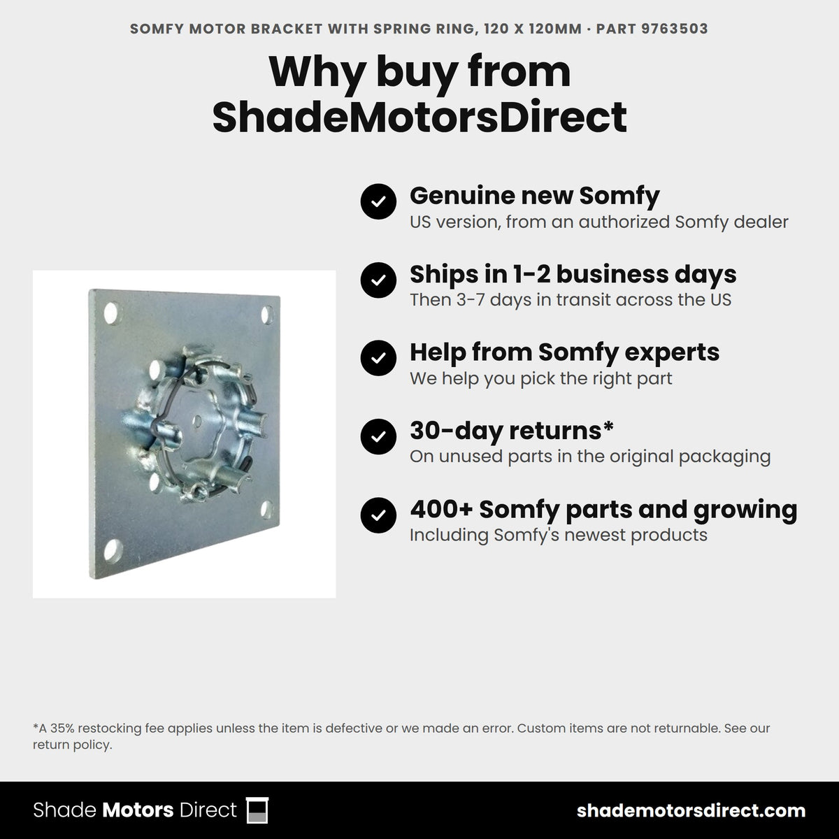 Buy the Somfy Motor Bracket with Spring Ring, 120 x 120mm, part 9763503, genuine new, from ShadeMotorsDirect