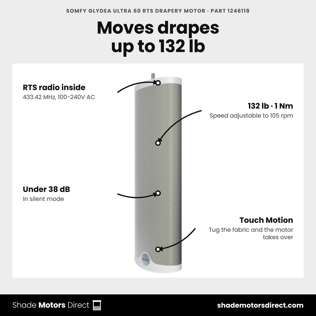 Somfy Glydea ULTRA 60 RTS drapery motor, part 1246118, features: 132 lb capacity, 1 Nm, under 38 dB, Touch Motion, built-in RTS radio