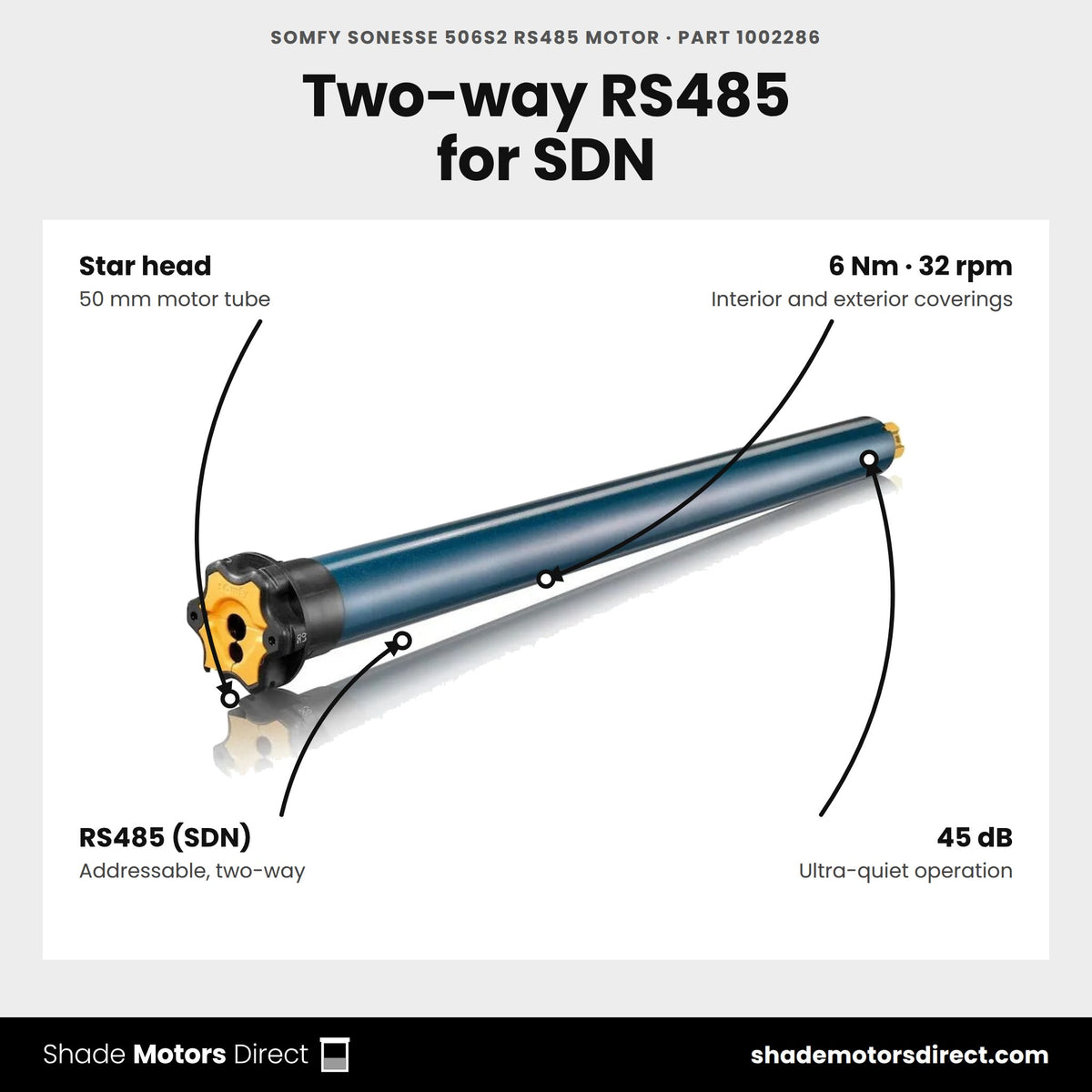 Somfy Sonesse 506S2 RS485 motor, part 1002286, features: star head, 50 mm, 6 Nm, 32 rpm, RS485 SDN two-way control, 45 dB