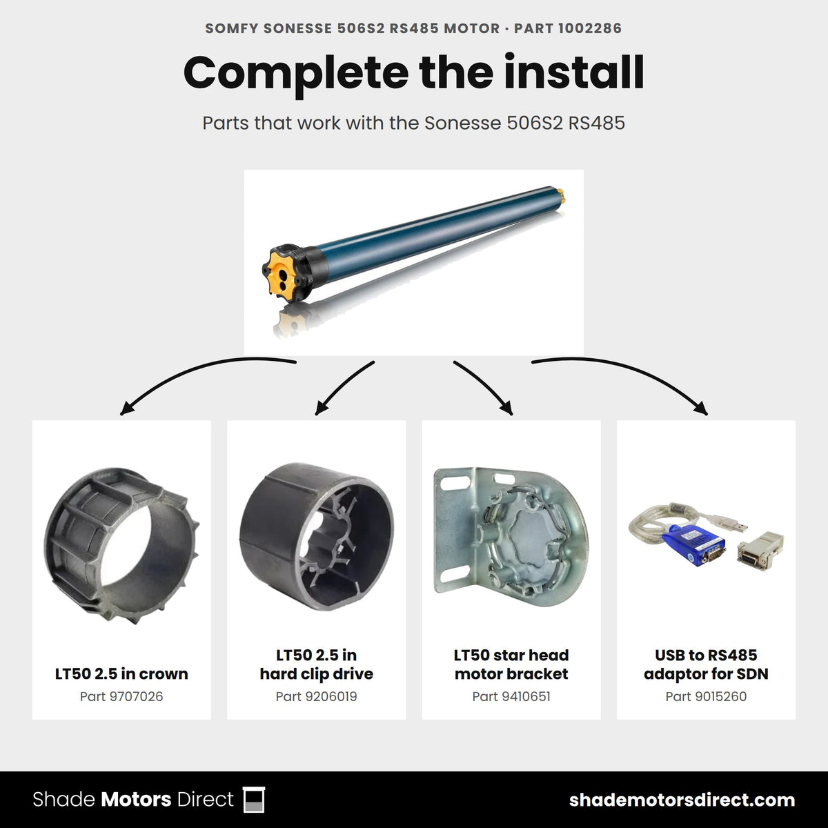 Parts that work with the Somfy Sonesse 506S2 RS485 motor 1002286: LT50 crown 9707026, drive 9206019, star head bracket 9410651, USB to RS485 adaptor 9015260