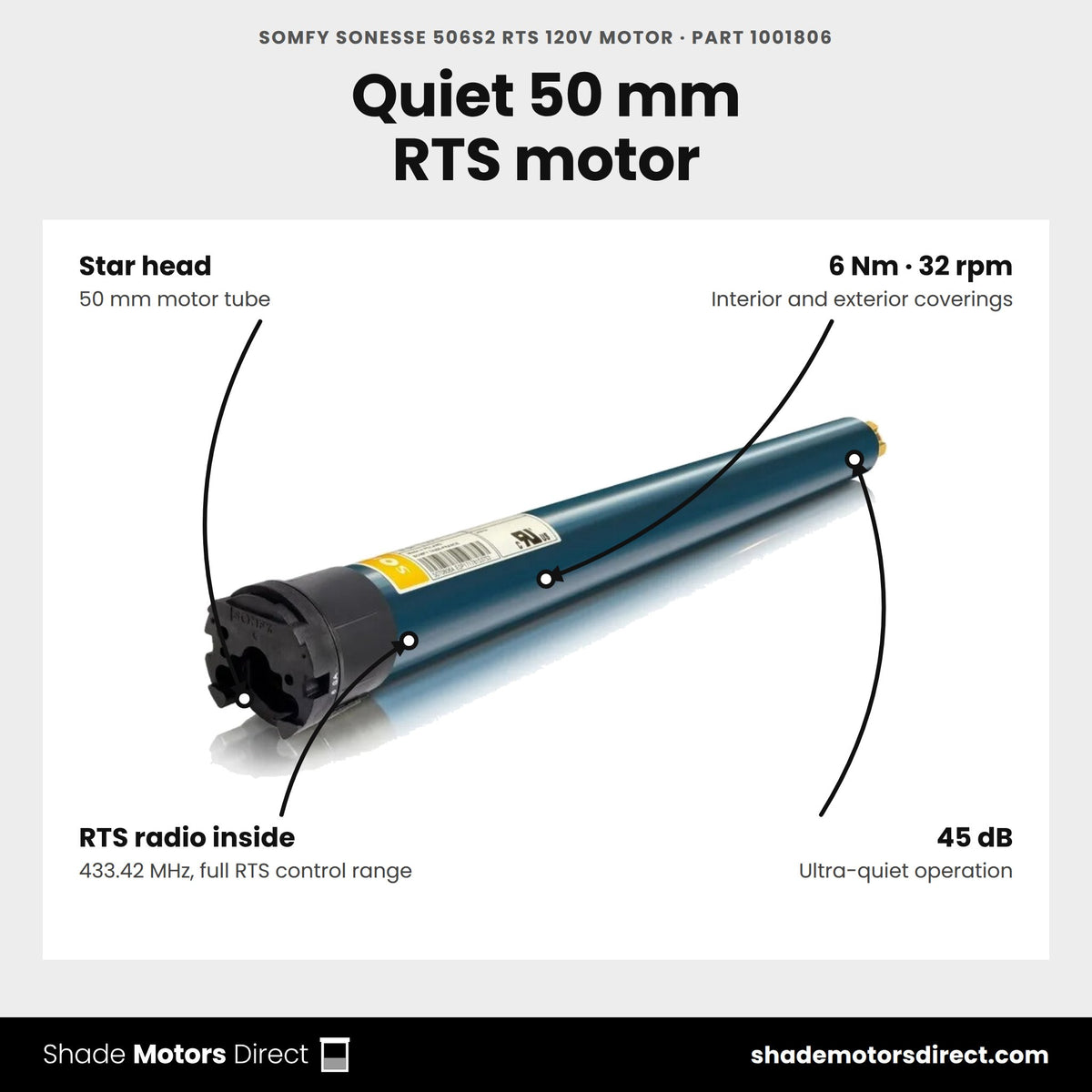 Somfy Sonesse 506S2 RTS 120V motor, part 1001806, features: star head, 50 mm, 6 Nm, 32 rpm, built-in RTS radio, 45 dB