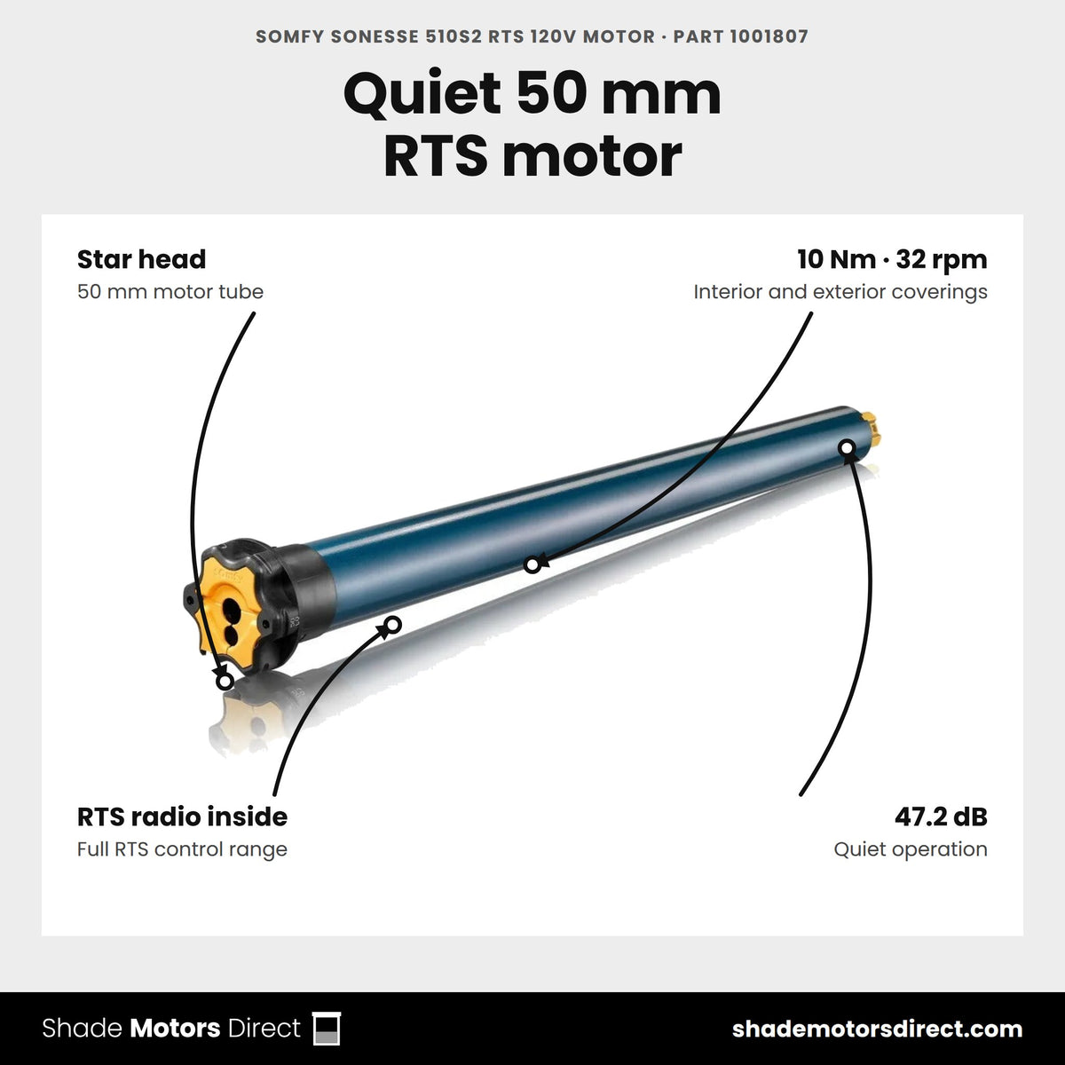 Somfy Sonesse 510S2 RTS 120V motor, part 1001807, features: star head, 50 mm, 10 Nm, 32 rpm, built-in RTS radio, 47.2 dB
