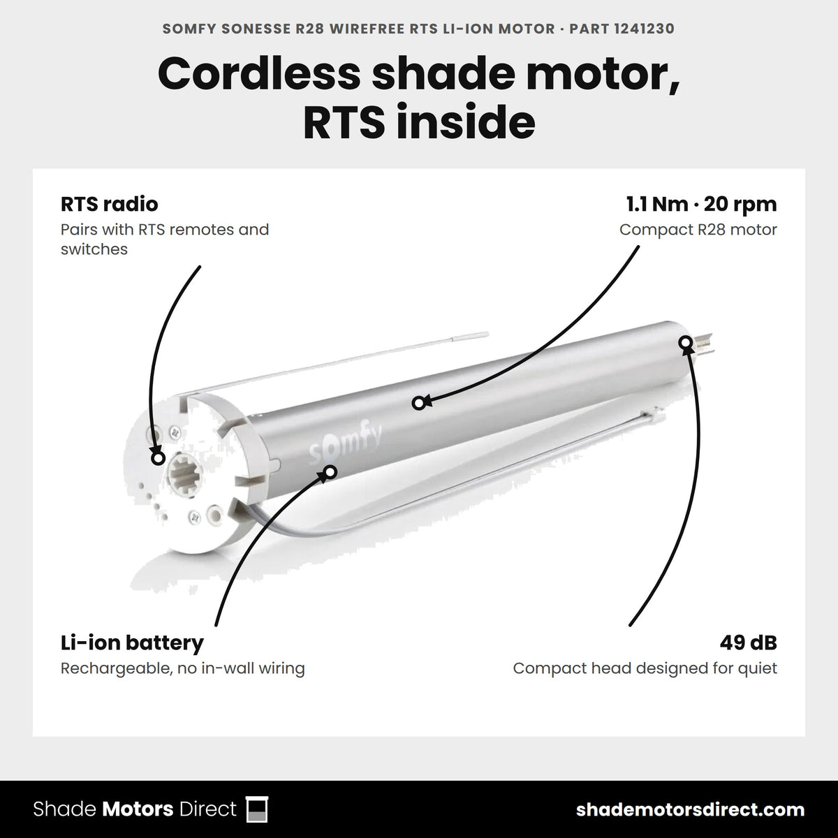 Somfy Sonesse R28 WireFree RTS Li-ion motor, part 1241230, features: built-in RTS radio, 1.1 Nm, 20 rpm, rechargeable battery, 49 dB